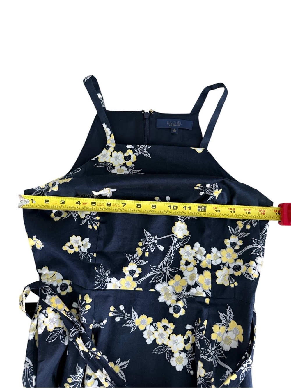 RACHEL Rachel Roy Navy Floral Midi Dress. Belt and Pockets. Stretchy. Size 4 - Picture 5 of 7